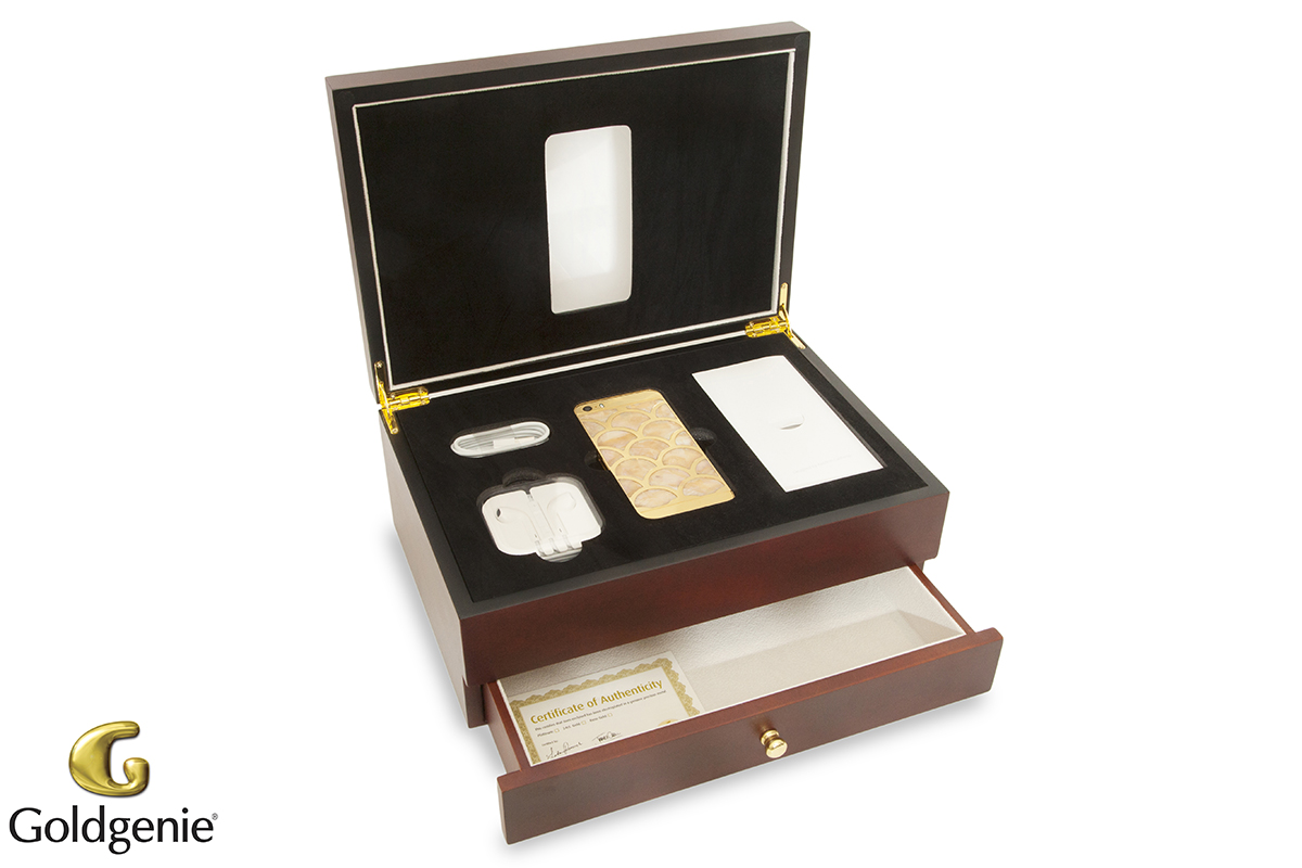 White Mother of Pearl & Gold iPhone 5S Elite in Cherry Oak Presentation Box