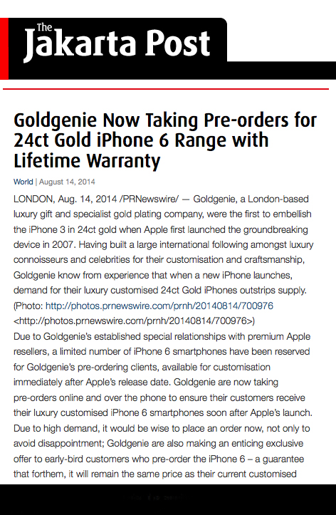 Goldgenie Now Taking Pre-Orders for 24ct Gold iPhone 6 Range with Lifetime Warranty, Jakarta News, 14th August 2014
