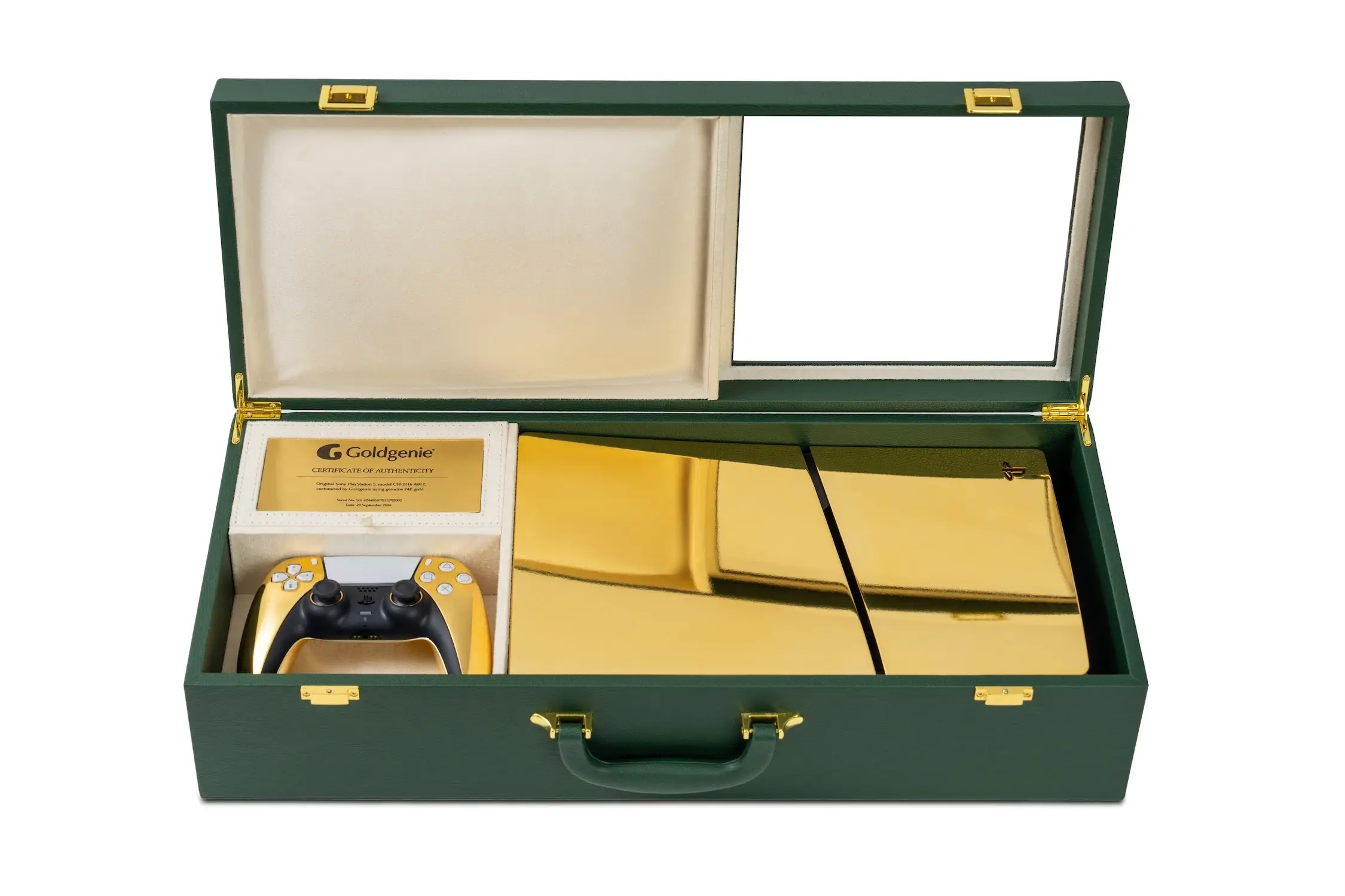 Open Goldgenie presentation case displaying the 24K gold plated PS5 console and controller