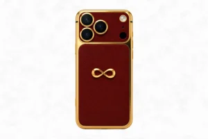Goldgenie Infinity iPhone 18 Pro Max in Oxblood Red leather and 24K gold – render