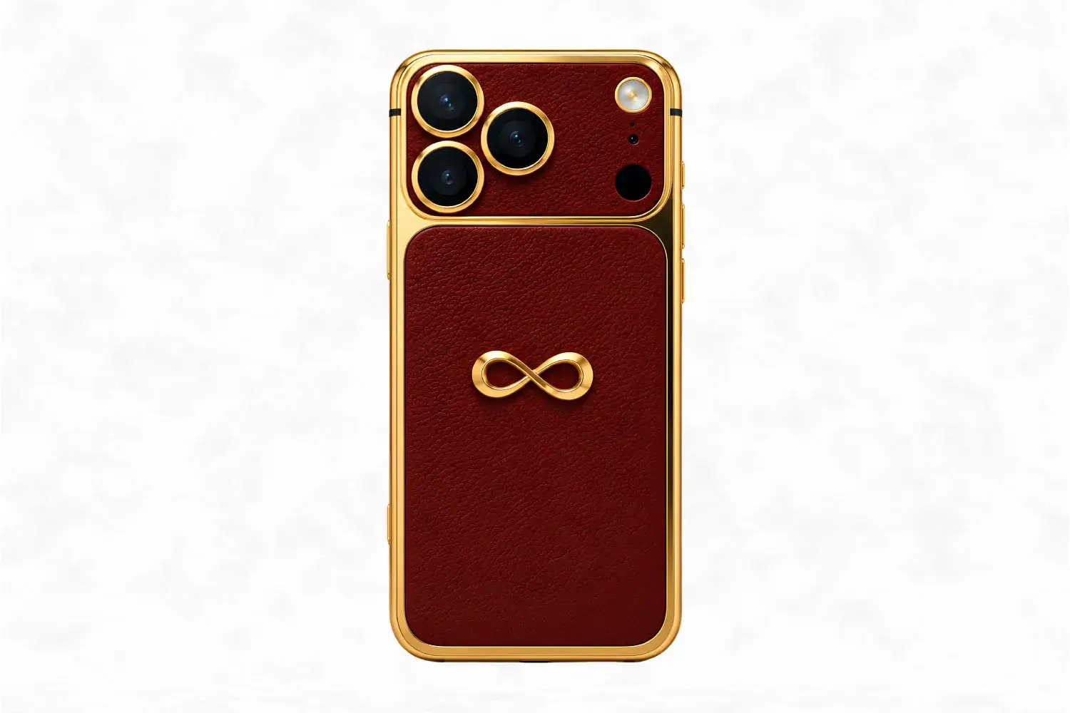 Goldgenie Infinity iPhone 18 Pro Max in Oxblood Red leather and 24K gold – render